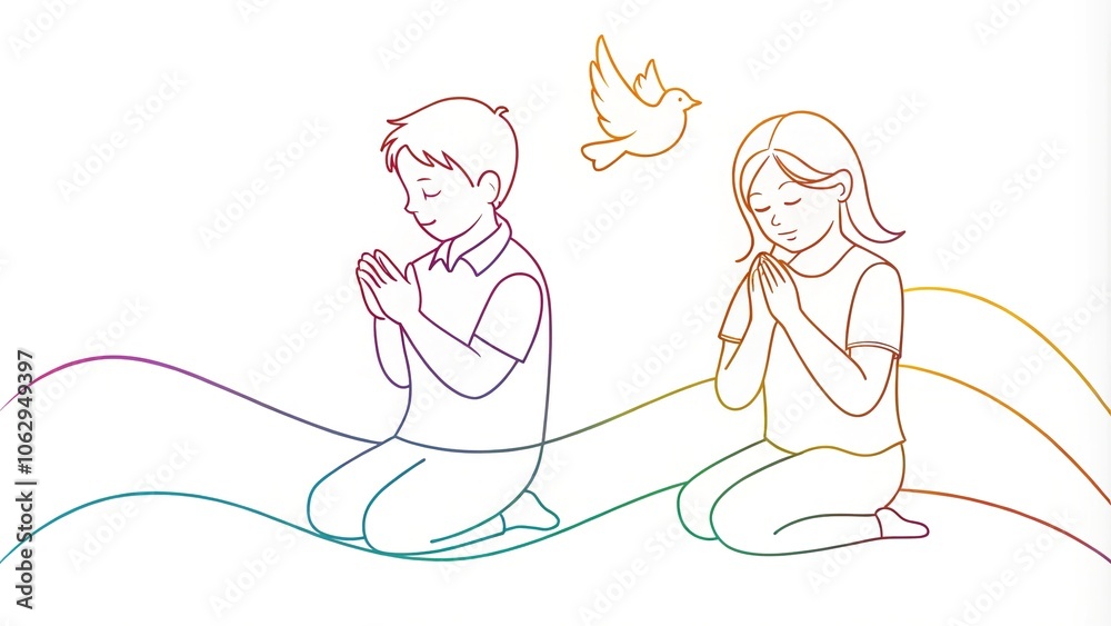 A single continuous line traces the praying forms of two children, a visual depiction of faith.