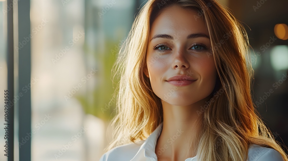 A Woman with Long Blonde Hair Smiles Softly in the Sunlight A Woman with Long Blonde Hair Smiles Softly in the Sunlight