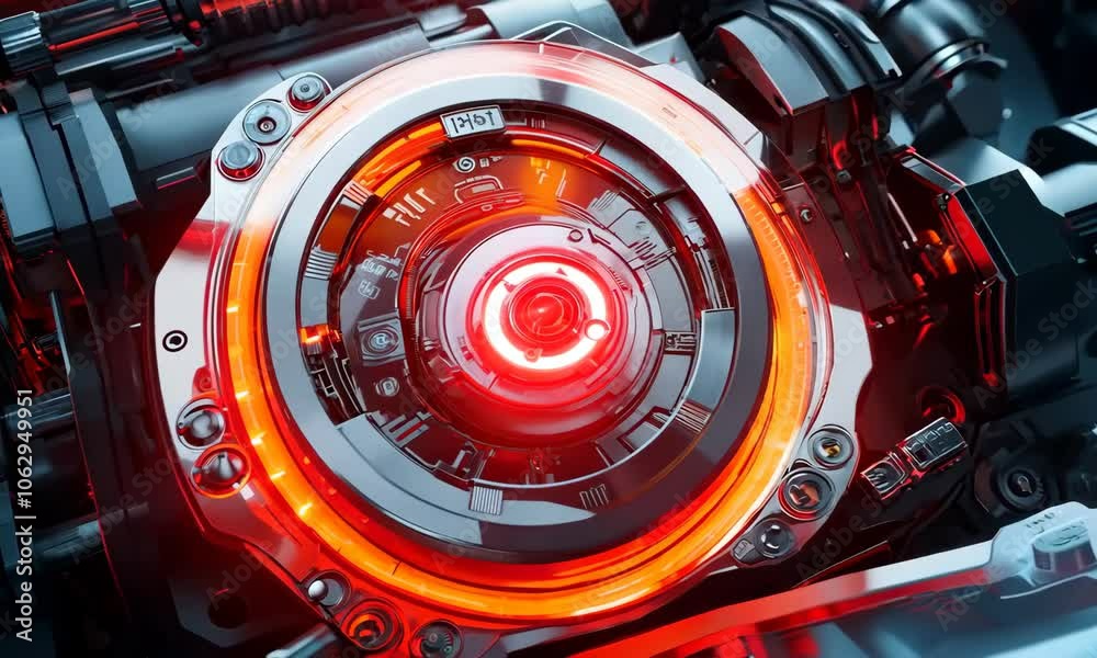 Futuristic engine design with glowing elements and intricate details