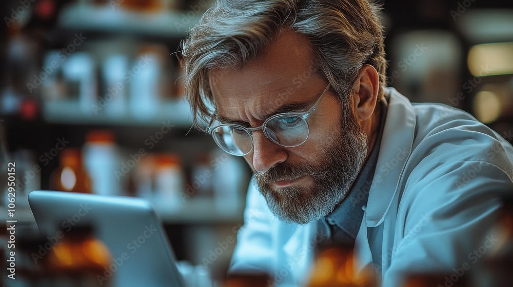 A serious-looking male scientist in a white lab coat works in a lab with a tablet. A serious-looking male scientist in a white lab coat works in a lab with a tablet.