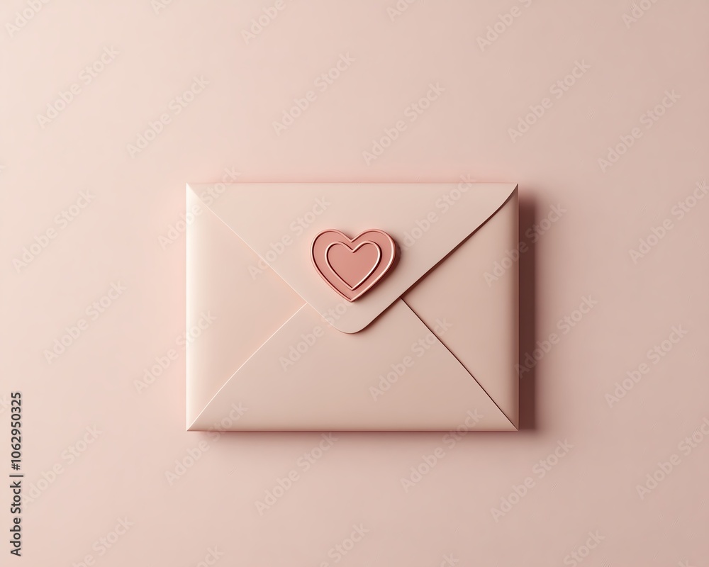 A minimal 3D composition of a love letter sealed with a heart stamp, placed on a pastel blush background, with soft lighting adding to the elegant simplicity A minimal 3D composition of a love letter sealed with a heart stamp, placed on a pastel blush background, with soft lighting adding to the elegant simplicity