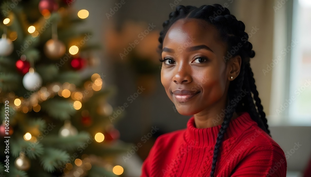 A black African American woman posing next to a beautifully decorated Christmas tree with copy space A black African American woman posing next to a beautifully decorated Christmas tree with copy space