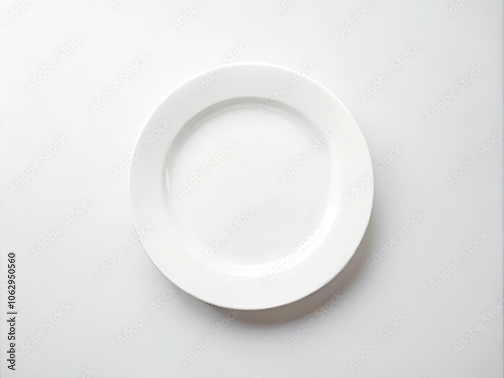 Elegant Top View of a Minimalist Empty White Ceramic Plate on a Clean White Background for Restaurant and Kitchen Settings Elegant Top View of a Minimalist Empty White Ceramic Plate on a Clean White Background for Restaurant and Kitchen Settings