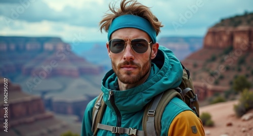 Male climber hiking by Grand Canyon, USA in tranquil indigos and turquoises. Nature-inspired scene captured with Hasselblad X1D in 8k resolution. photo