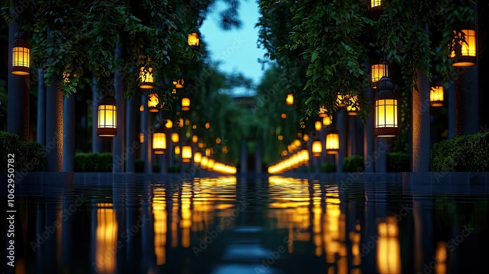 Serene pathway lined with glowing lanterns and lush trees at twilight. Serene pathway lined with glowing lanterns and lush trees at twilight.