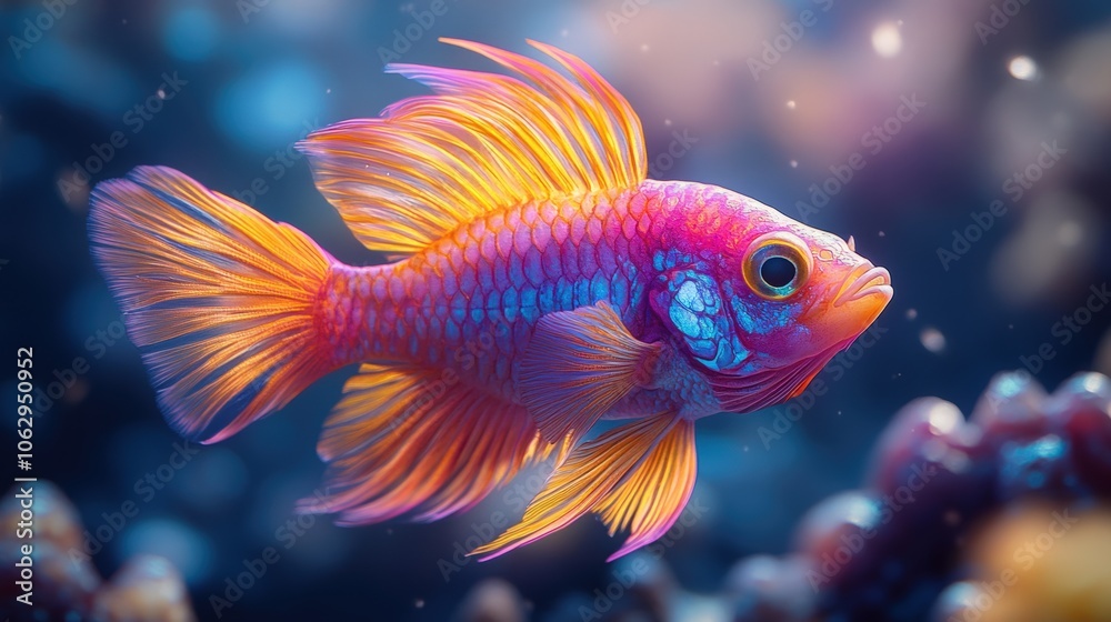Colorful fish with long fins in water. Colorful fish with long fins in water.
