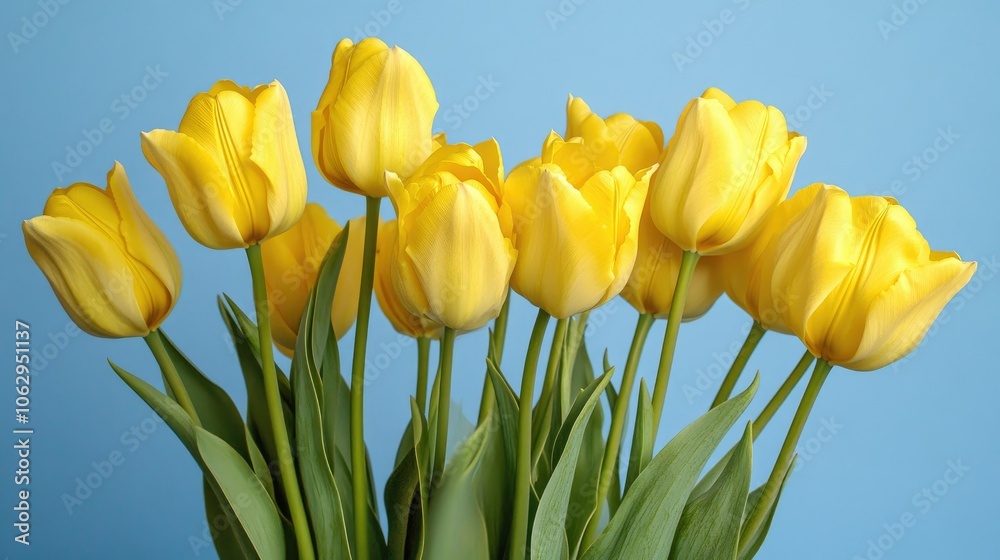 Bright Yellow Tulips Against Light Blue Background Bright Yellow Tulips Against Light Blue Background