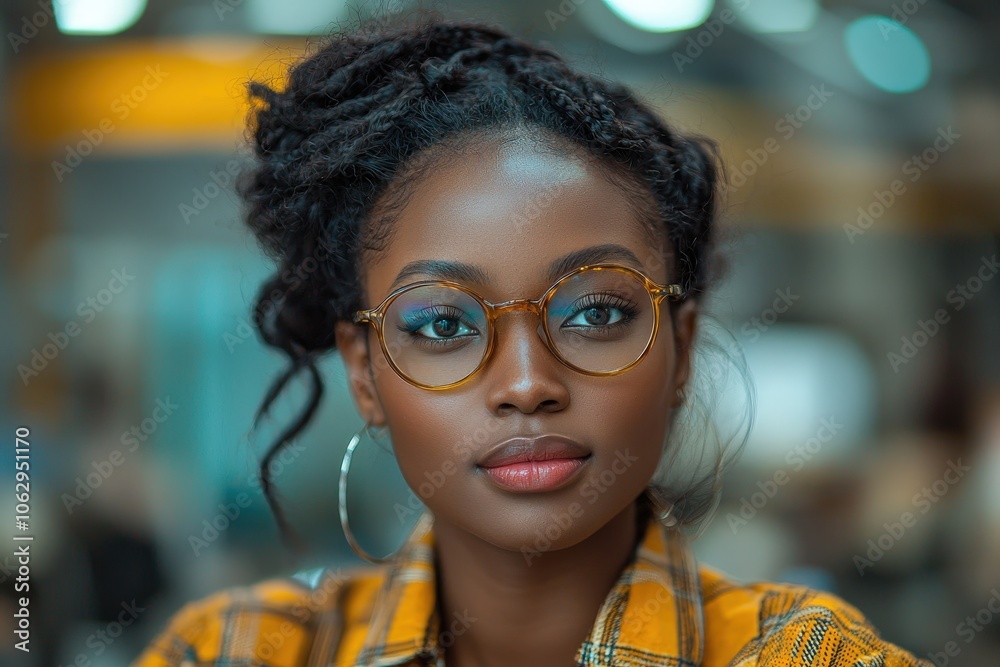 Confident woman with glasses and hoop earrings in vibrant urban setting Confident woman with glasses and hoop earrings in vibrant urban setting