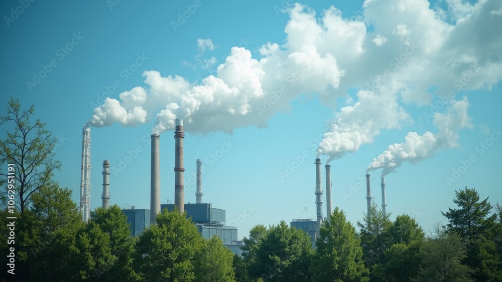 Industrial plant environmental impact: smoke emissions from factory chimneys against clear sky Industrial plant environmental impact: smoke emissions from factory chimneys against clear sky