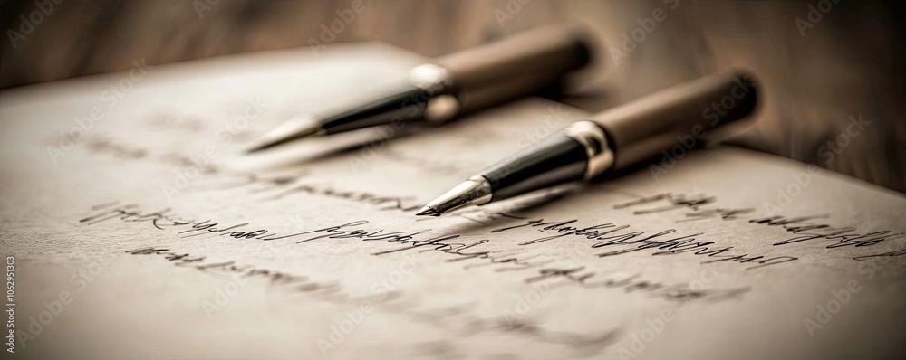 Stylish pens resting on a handwritten letter with a vintage feel. Stylish pens resting on a handwritten letter with a vintage feel.