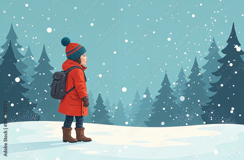Portrait of girl in snowy winter forest, New Year snowfall, trees and mountains in the background Portrait of girl in snowy winter forest, New Year snowfall, trees and mountains in the background