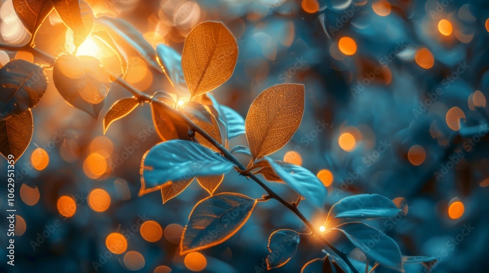Close-up of leaves with veins, backlit with bokeh lights. AI generative. .