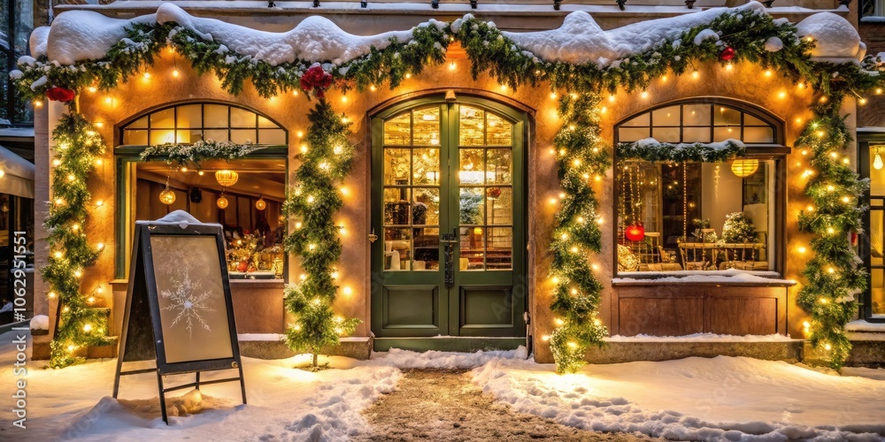 Empty Menu Sign Board for Advertising in a Luxurious Winter Decorated Storefront with Garland Lights on a City Street during Holiday Season Empty Menu Sign Board for Advertising in a Luxurious Winter Decorated Storefront with Garland Lights on a City Street during Holiday Season