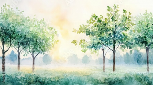 Softly lit watercolor scene featuring a row of fresh green trees across a misty meadow at sunrise, suitable for creating tranquil marketing visuals.