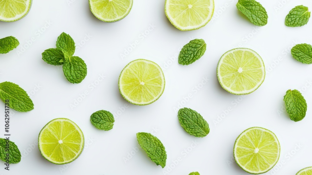 Fresh mint leaves and vibrant lime slices on a clean white background, perfect for culinary or beverage themes.