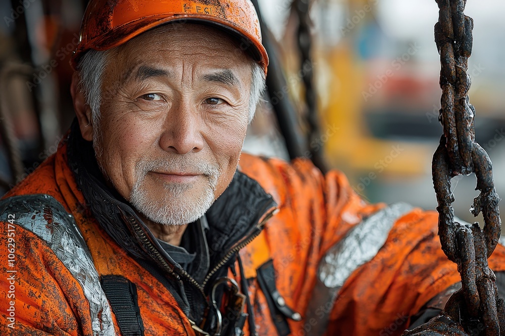 Portrait of a senior industrial worker with helmet smiling in rustic environment Portrait of a senior industrial worker with helmet smiling in rustic environment