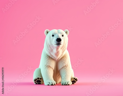 Playful polar bear on vibrant pink background capturing whimsy and contrast photo