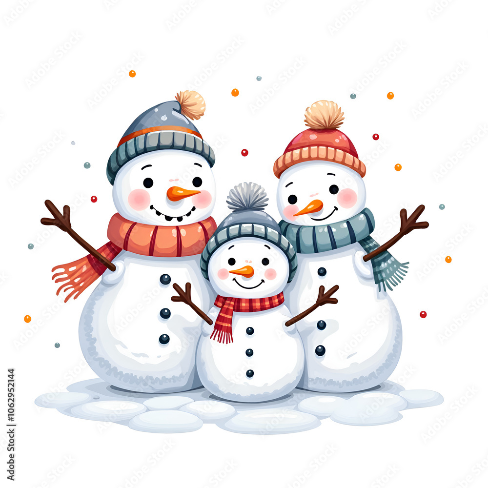 Celebrate joy and togetherness with a cute snowman family in a winter wonderland scene, digital illustration of whimsical characters concept.