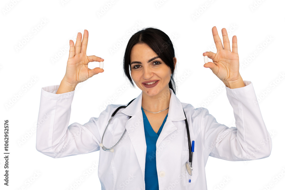Female doctor presenting a medicine dose Female doctor presenting a medicine dose