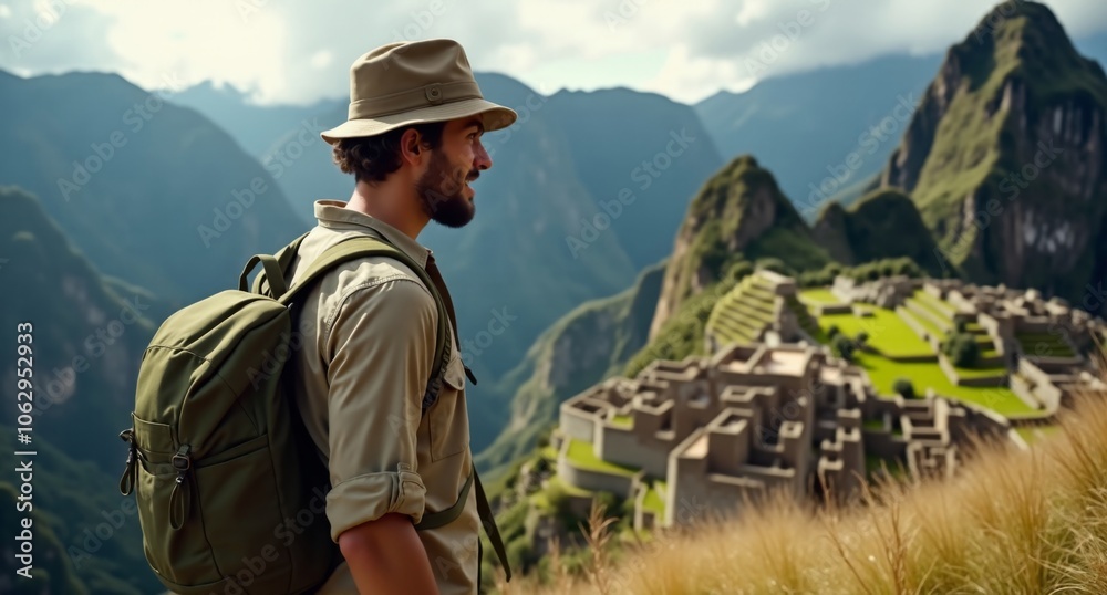 Male explorer overlooking Bora Bora, French Polynesia in dusty pinks and corals. 8k Hasselblad X1D shot with a scenic tropical background. Male explorer overlooking Bora Bora, French Polynesia in dusty pinks and corals. 8k Hasselblad X1D shot with a scenic tropical background.