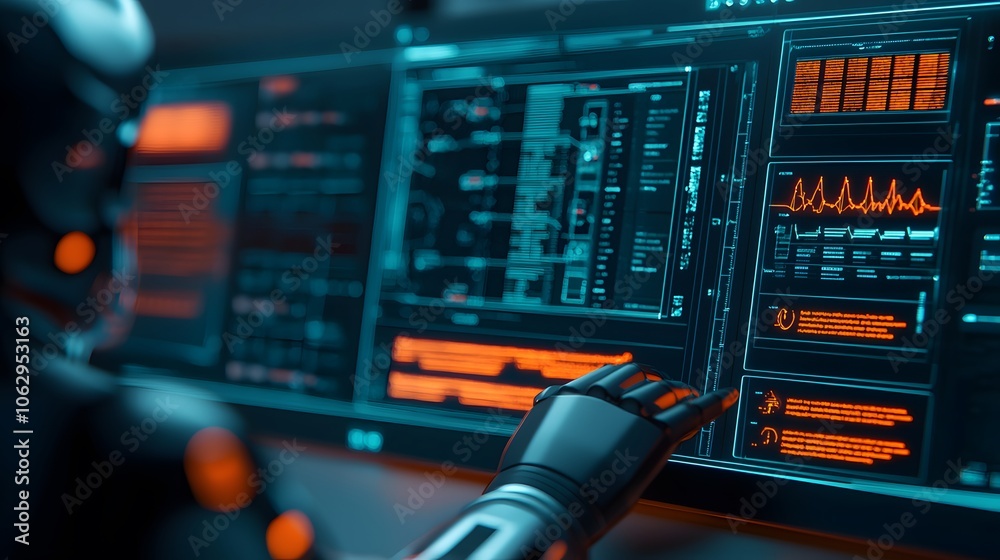 Naklejka premium A futuristic interface displays data with glowing elements, featuring a robotic hand interacting with vibrant screens.