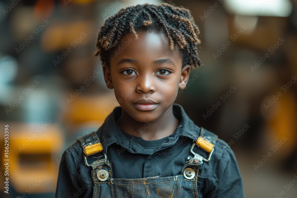 Portrait of a child in overalls with curly hair in an industrial setting Portrait of a child in overalls with curly hair in an industrial setting