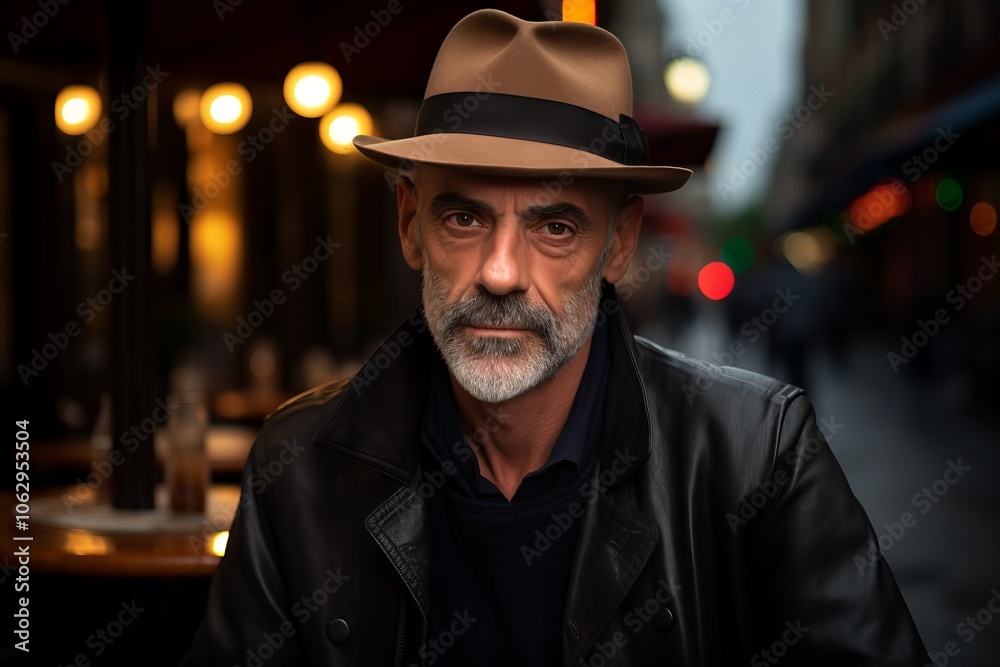 Portrait of a senior man wearing a fedora hat in a street cafe. Portrait of a senior man wearing a fedora hat in a street cafe.