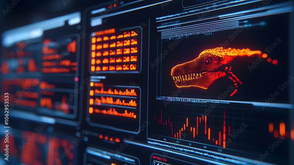 A futuristic display shows a digitally rendered dragon head amidst various data visualizations and graphs. A futuristic display shows a digitally rendered dragon head amidst various data visualizations and graphs.