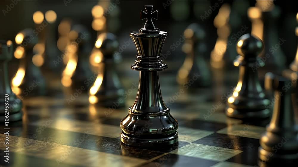 Close-up of a chess queen on a chessboard, symbolizing strategy, power, and focus in dim lighting Close-up of a chess queen on a chessboard, symbolizing strategy, power, and focus in dim lighting