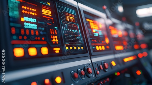 A close-up view of futuristic control panels with glowing buttons and screens, showcasing advanced technology in a dark, industrial setting.