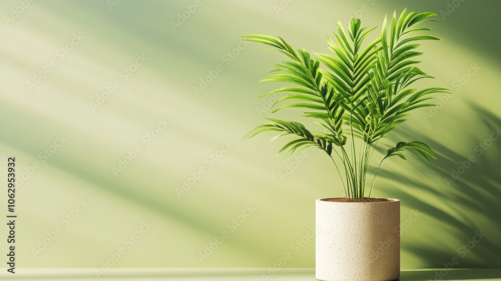 Potted plant with green leaves on a green background.