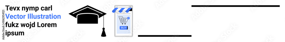 Black graduation cap with tassel, blue-outlined shopping cart on a sealed envelope. Ideal for educational content, e-commerce, graduation announcements, academic achievements, online shopping Black graduation cap with tassel, blue-outlined shopping cart on a sealed envelope. Ideal for educational content, e-commerce, graduation announcements, academic achievements, online shopping