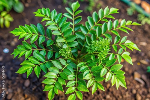 curry leaf murraya koenigii plant growing in garden herb plant from high angle view photo