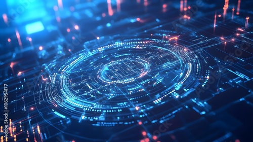 Abstract Blue and Red Digital Interface with Glowing Circular Elements