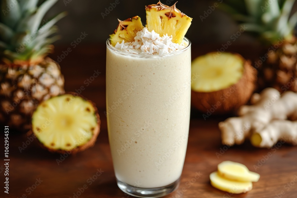 A tropical-inspired plant-based beverage with pineapple, ginger, and coconut milk, blended into a creamy smoothie, ideal for vegan brands or health-focused cafes A tropical-inspired plant-based beverage with pineapple, ginger, and coconut milk, blended into a creamy smoothie, ideal for vegan brands or health-focused cafes