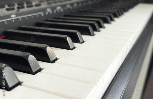 Close up piano keyboard musical instrument. White and black key tuts isolated on horizontal ratio background.