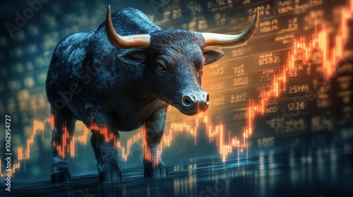 A powerful bull stands before dynamic market graphs, symbolizing financial strength and upward trends in stock trading.