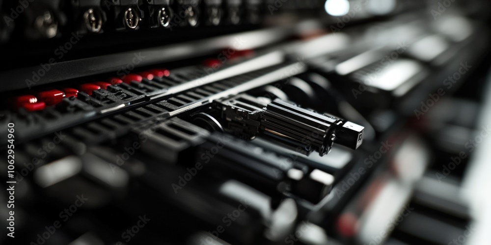 Close-up of black and red server rack. Close-up of black and red server rack.