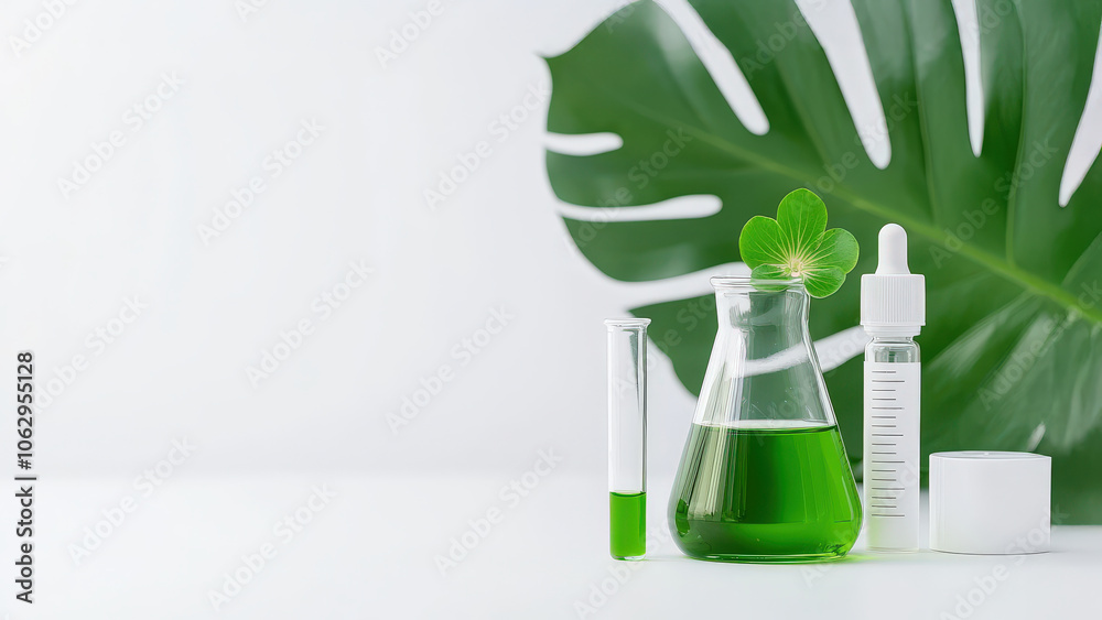 Close up photo of beaker with green liquid, test tube, and dropper on white background, surrounded by large green leaf, creating fresh and vibrant atmosphere Close up photo of beaker with green liquid, test tube, and dropper on white background, surrounded by large green leaf, creating fresh and vibrant atmosphere