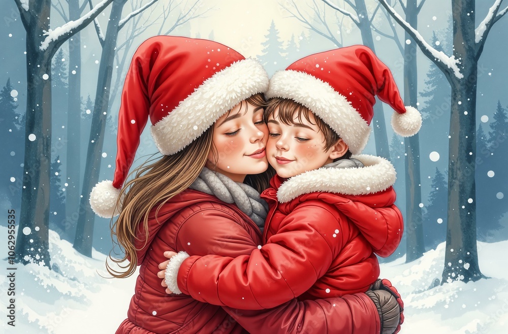 Mom hugging son in Santa Claus Christmas hat outside in snowy forest