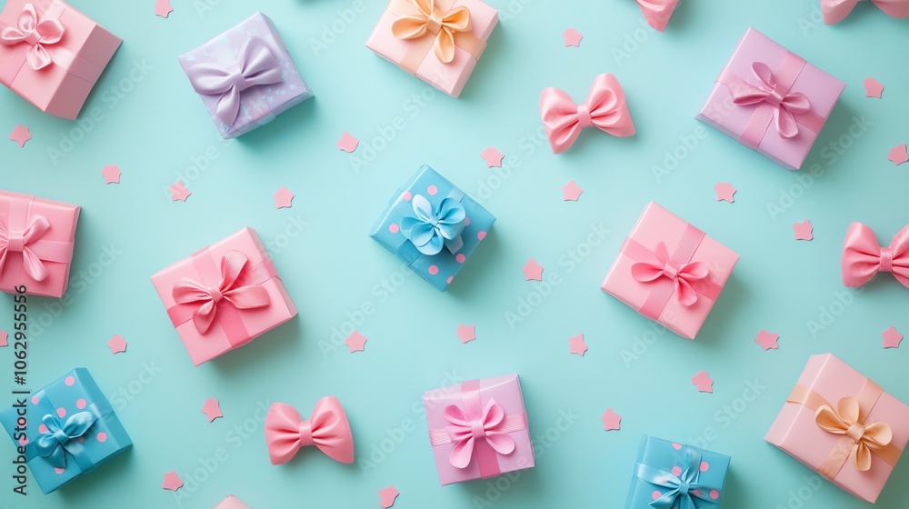 Colorful gift boxes with bows on teal background Colorful gift boxes with bows on teal background