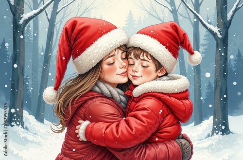 Mom hugging son in Santa Claus Christmas hat outside in snowy forest