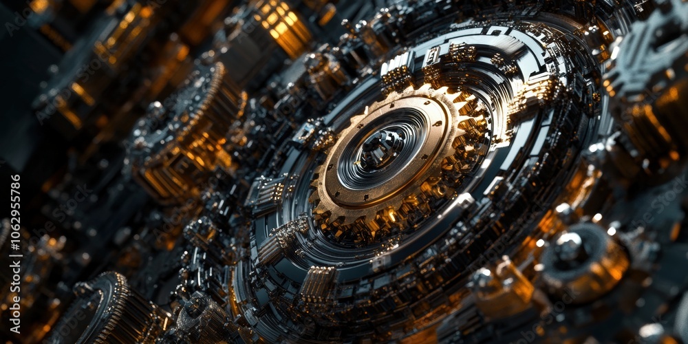 Fototapeta premium Close-up of a complex, gold and silver gear system.