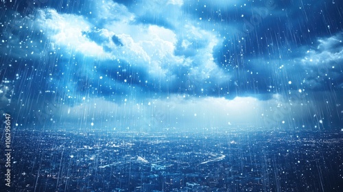 Weather radar monitor displaying rainfall and flood alerts, derived from weather satellite data, with ample copy space for additional content and focus on weather radar imagery.
