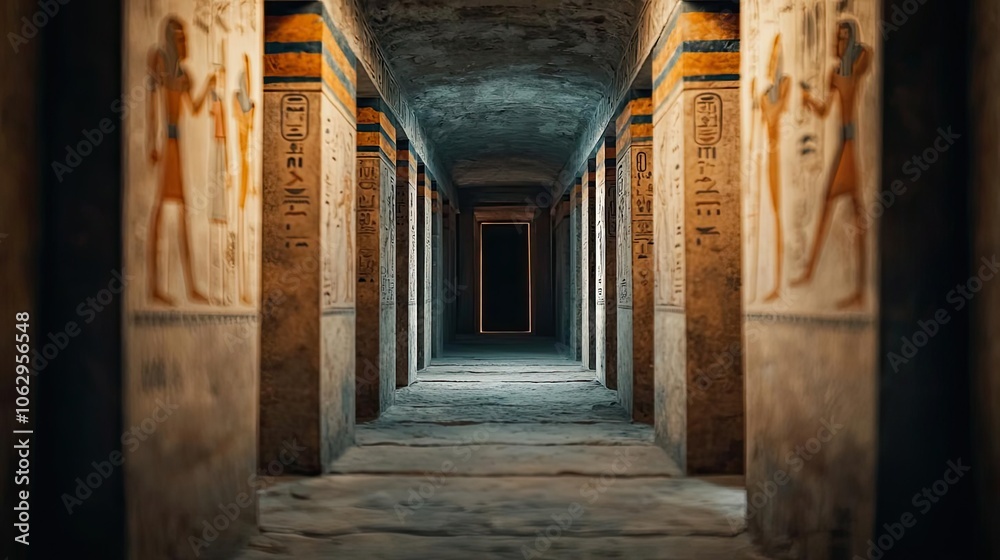 Fototapeta premium Ancient corridor with carved pillars and dim lighting, leading to a mysterious entrance.