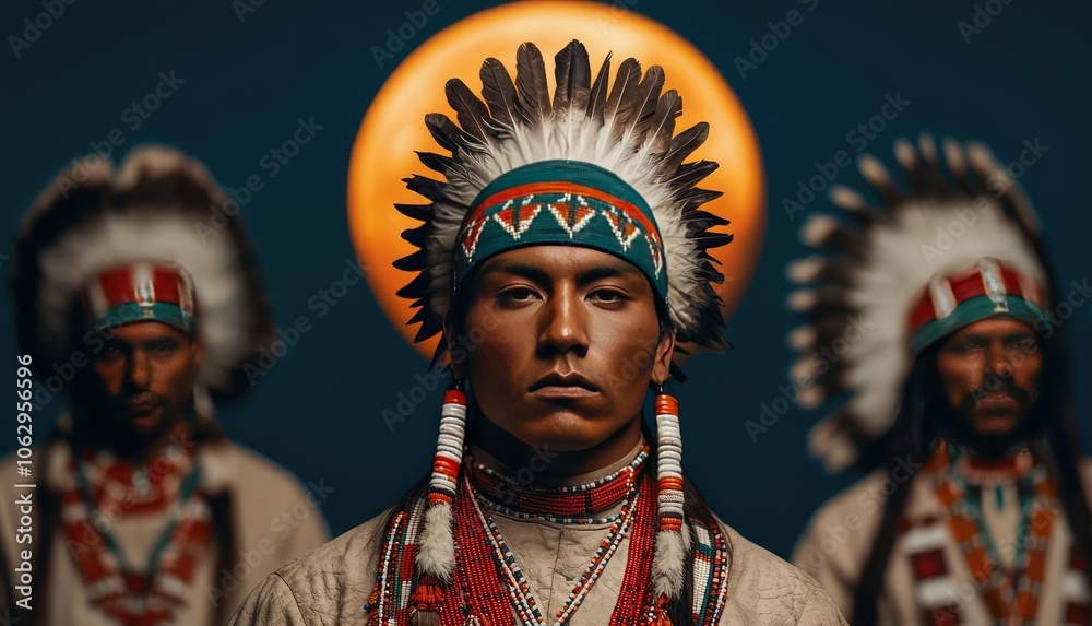 Obraz premium Native American men in traditional attire with headdresses on a dark background.