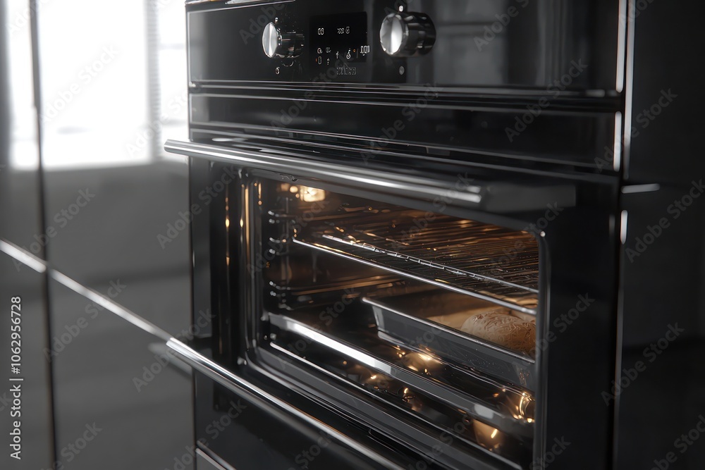 3D representation of an oven, highlighting the glass door and baking process. 3D representation of an oven, highlighting the glass door and baking process.