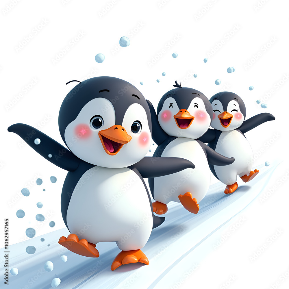 Fototapeta premium Experience the joy of penguins playing together in a cheerful winter wonderland, digital art of character illustration concept.