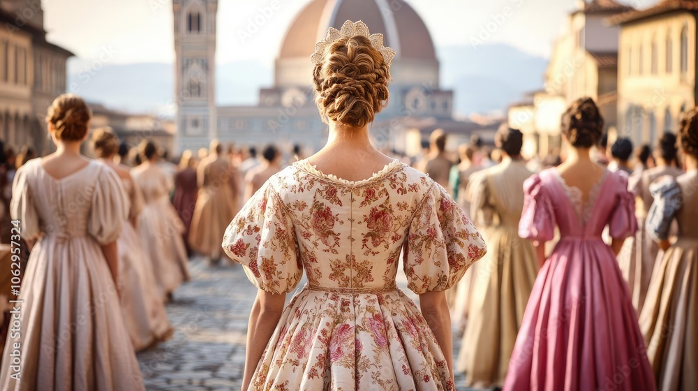 Women in historical dresses standing together in a scenic outdoor setting. Women in historical dresses standing together in a scenic outdoor setting.