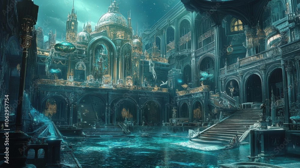Obraz premium Flooded grand palace with aqua water.